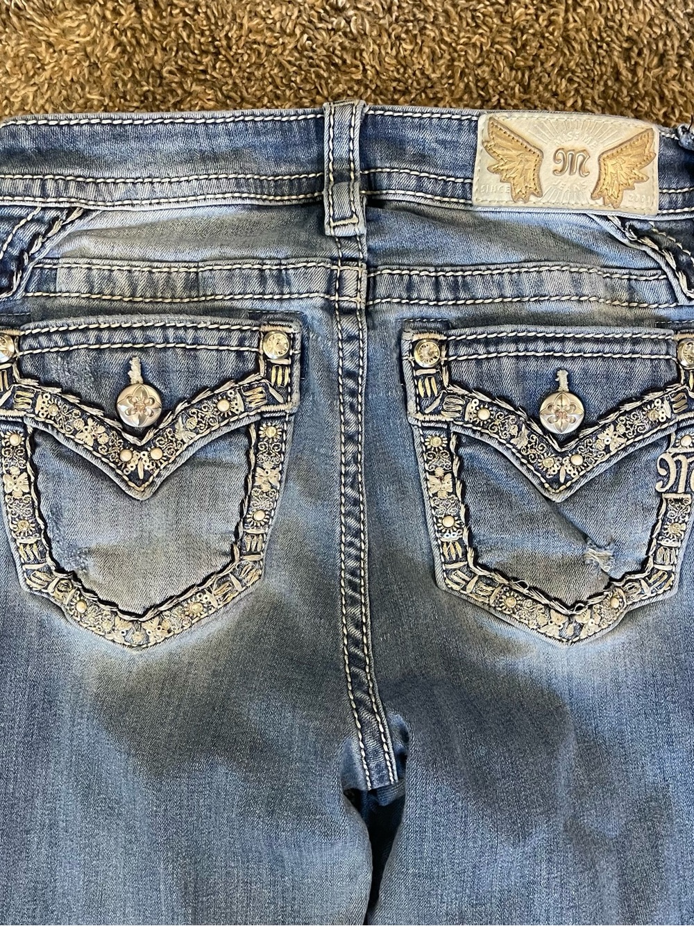 Miss Me Boot Cut Jeans Medium Wash Embellished Flap Pockets Women’s Size 27
